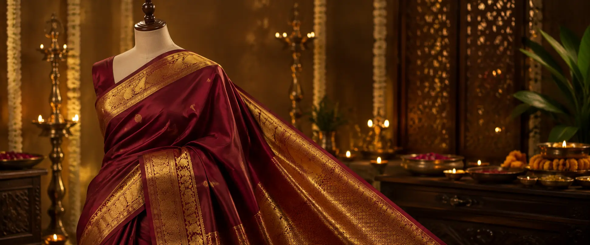 A festive silk saree in a rich jewel tone