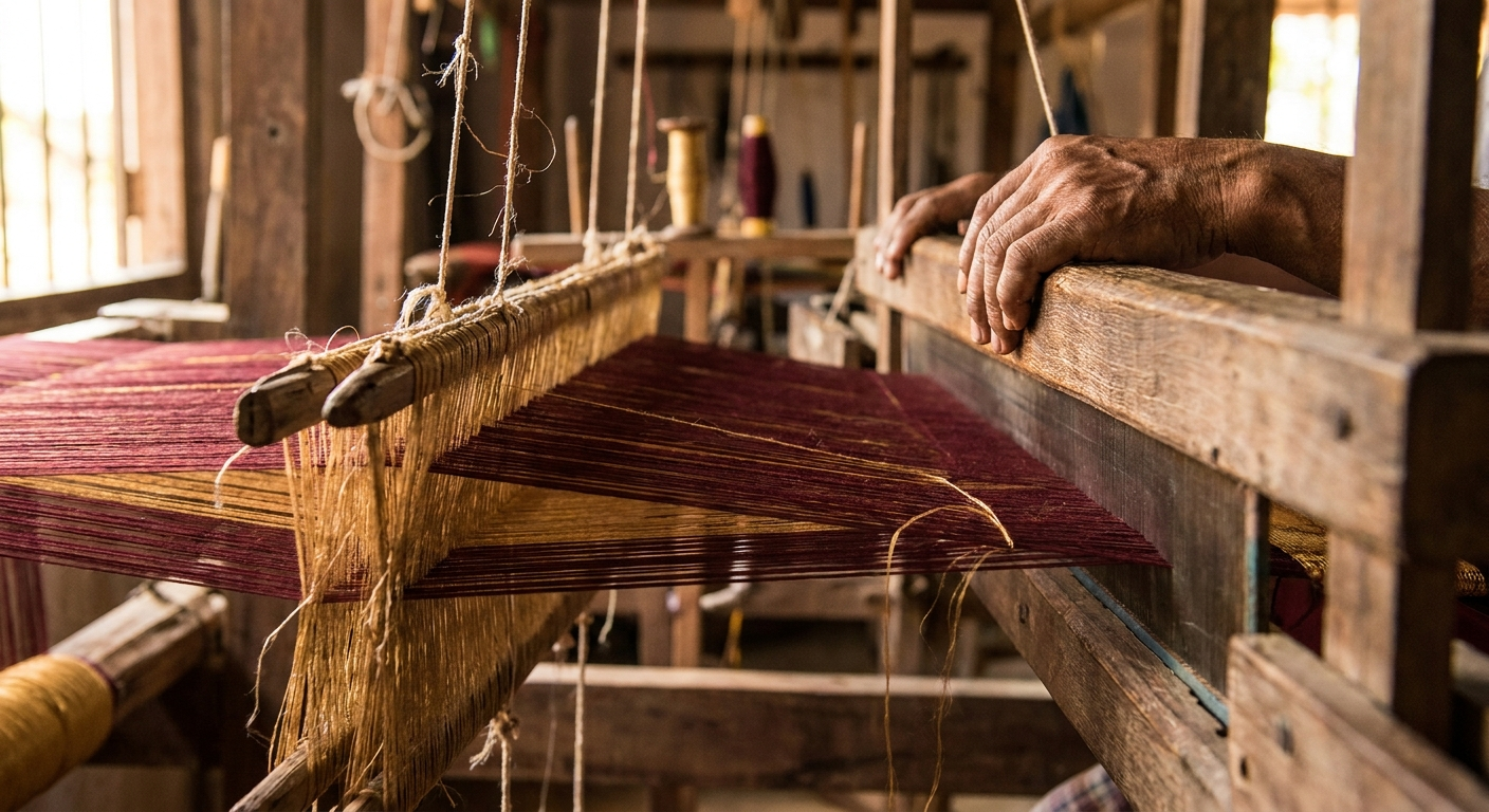 A handloom weaver's hands at work on the loom