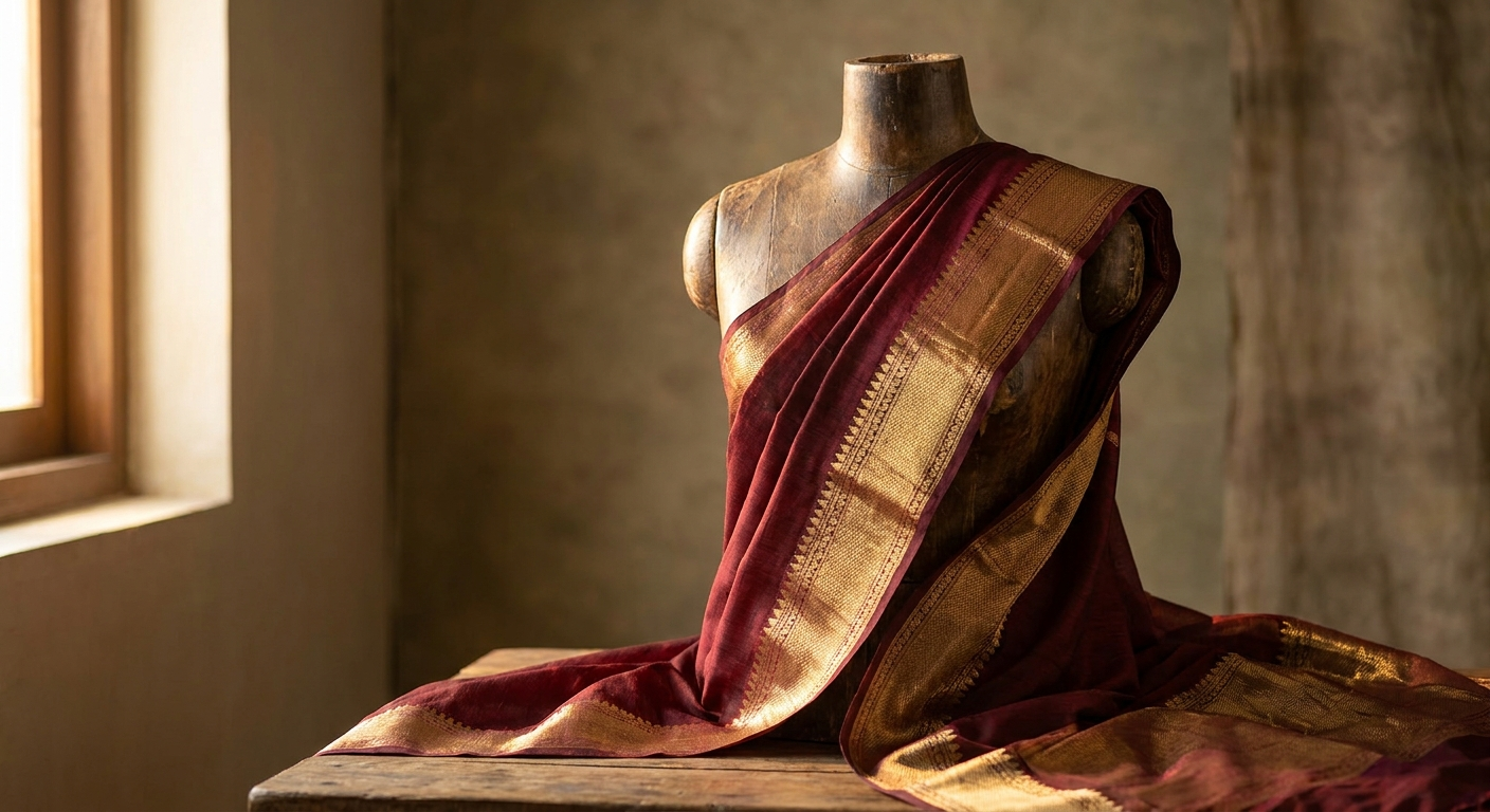 A finished handloom silk saree draped and ready to wear