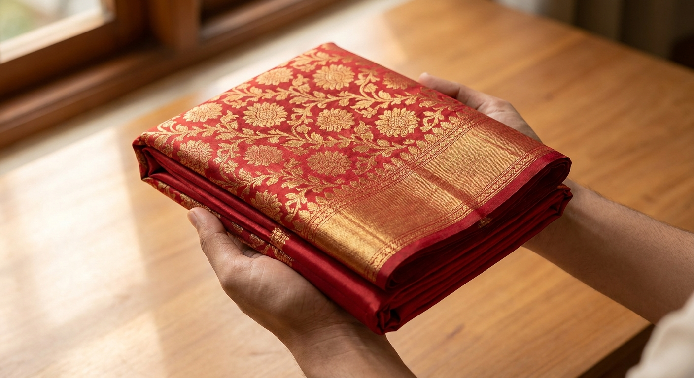 Neatly folded maroon silk saree with gold zari border on a muslin cloth with a sprig of lavender