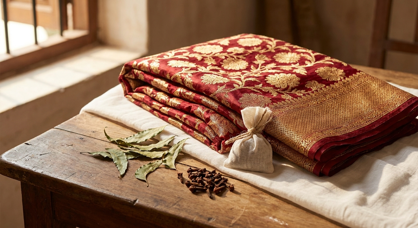 Neatly folded maroon silk saree with gold zari border on a muslin cloth with a sprig of lavender